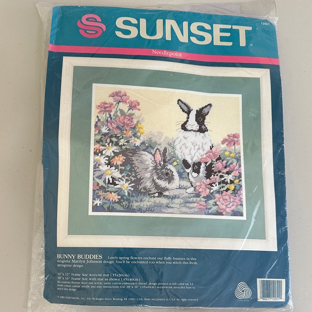 Sunset Bunny Buddies Needlepoint Kit with Rabbits and Flowers - Vintage no 12051